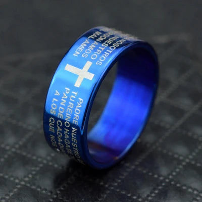 English Titanium Steel Christian Cross Bible Ring