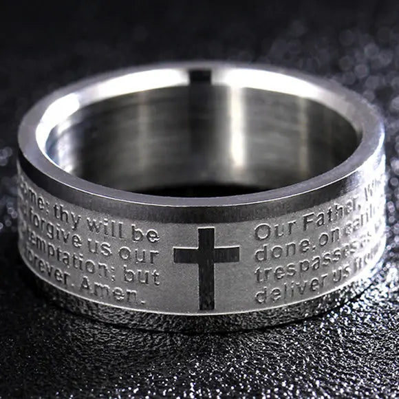 English Titanium Steel Christian Cross Bible Ring