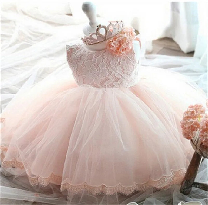 Baby & Toddler Girl Baptism Dresses White Lace Flower Tulle Gown