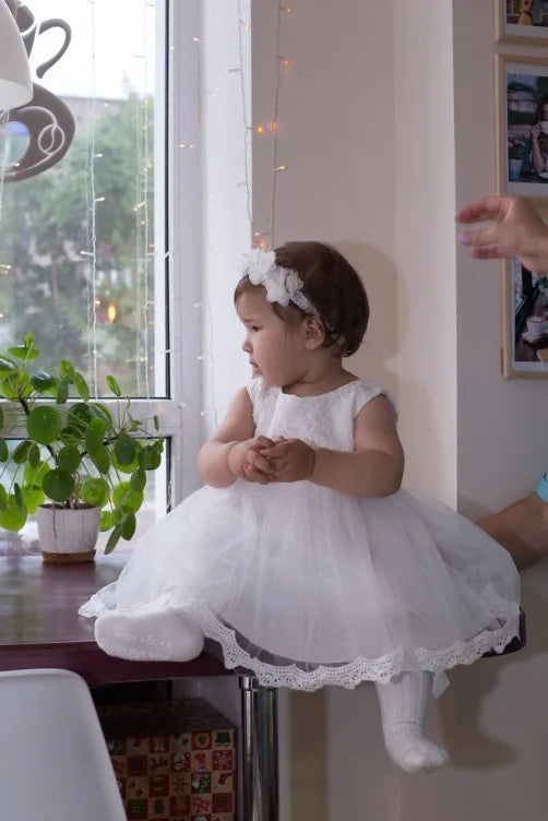 Baby & Toddler Girl Baptism Dresses White Lace Flower Tulle Gown