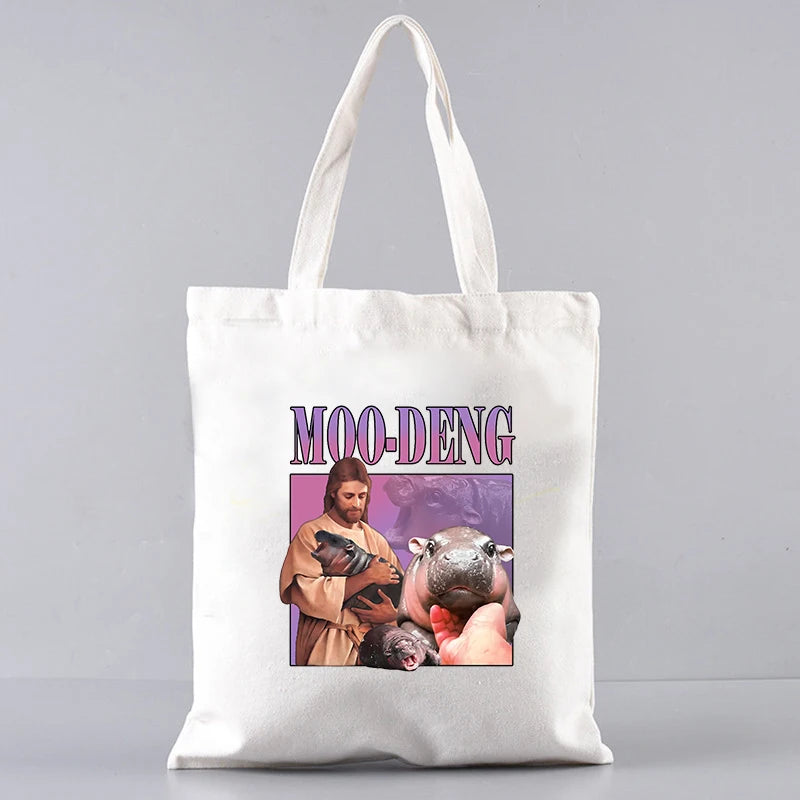 Jesus Love Moo Deng Pattern Canvas Tote Bag