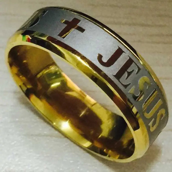 English Titanium Steel Christian Cross Bible Ring