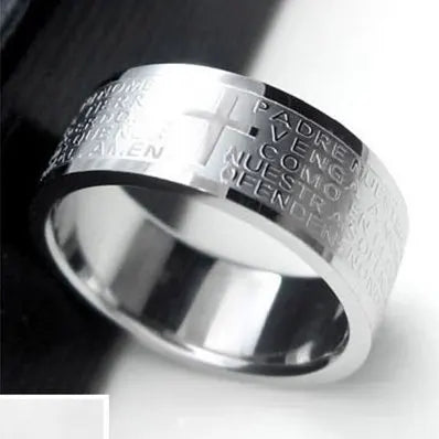 English Titanium Steel Christian Cross Bible Ring