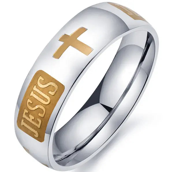 English Titanium Steel Christian Cross Bible Ring