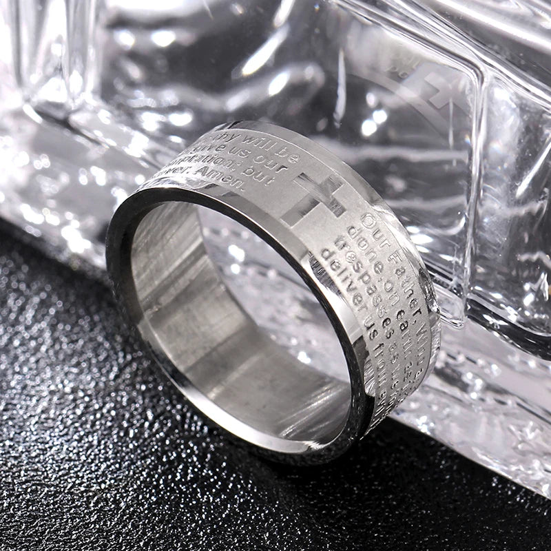 English Titanium Steel Christian Cross Bible Ring