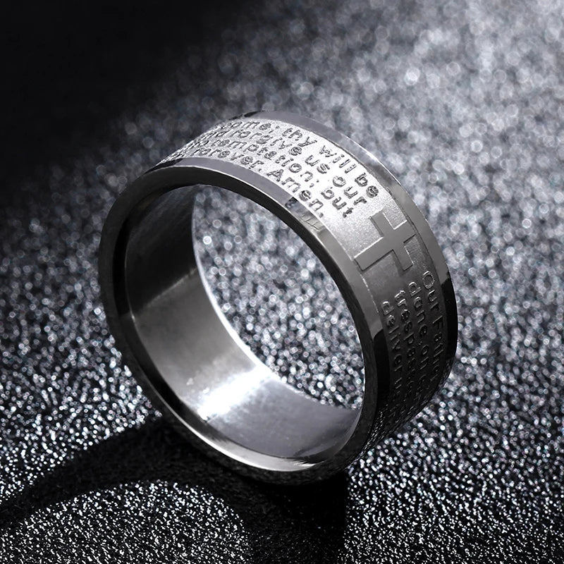 English Titanium Steel Christian Cross Bible Ring