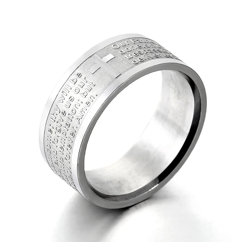 English Titanium Steel Christian Cross Bible Ring