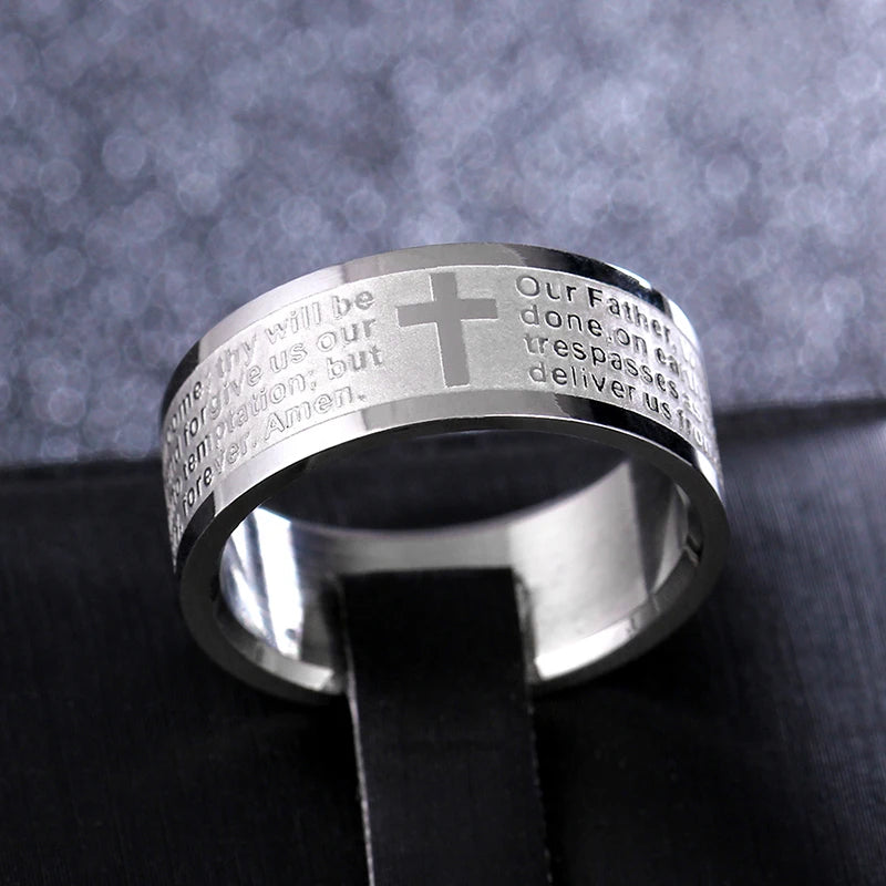 English Titanium Steel Christian Cross Bible Ring