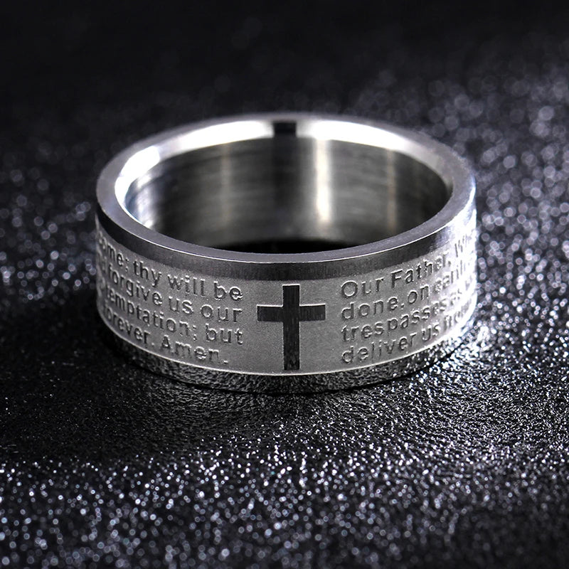 English Titanium Steel Christian Cross Bible Ring