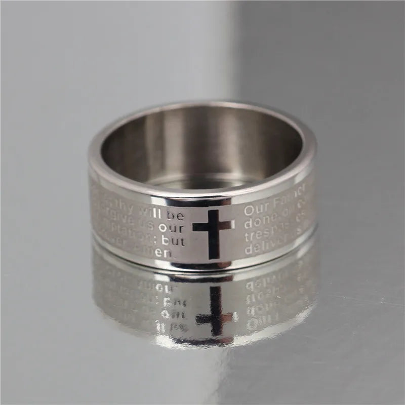 English Titanium Steel Christian Cross Bible Ring