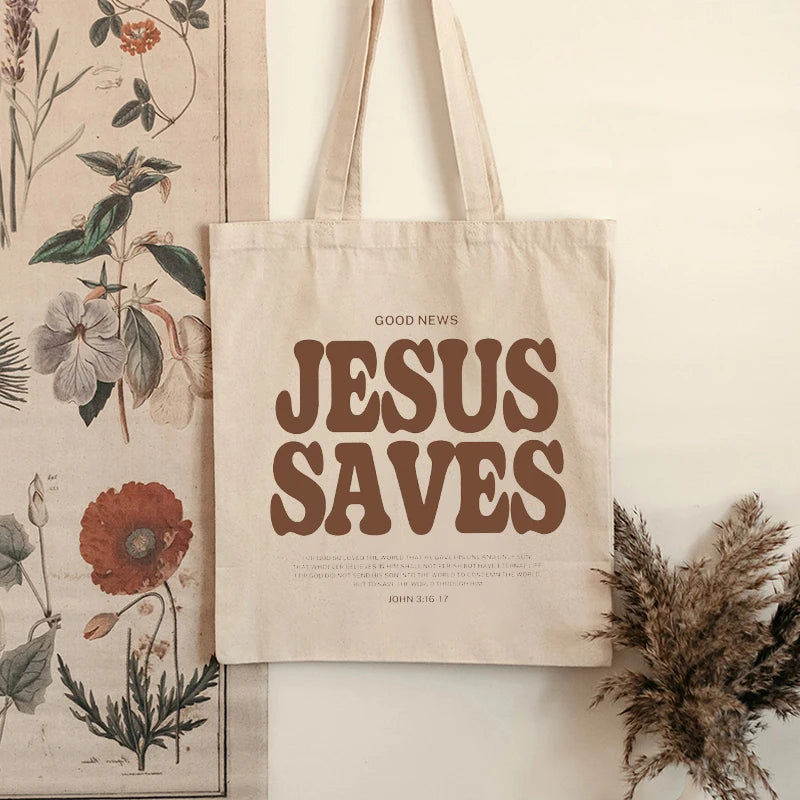 Jesus Saves Pattern Canvas Shoulder Tote Bag