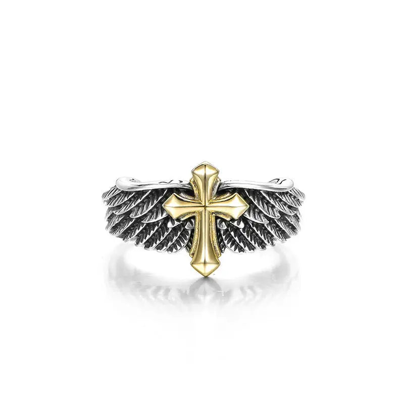 Retro Cross Feather Graffiti Ring