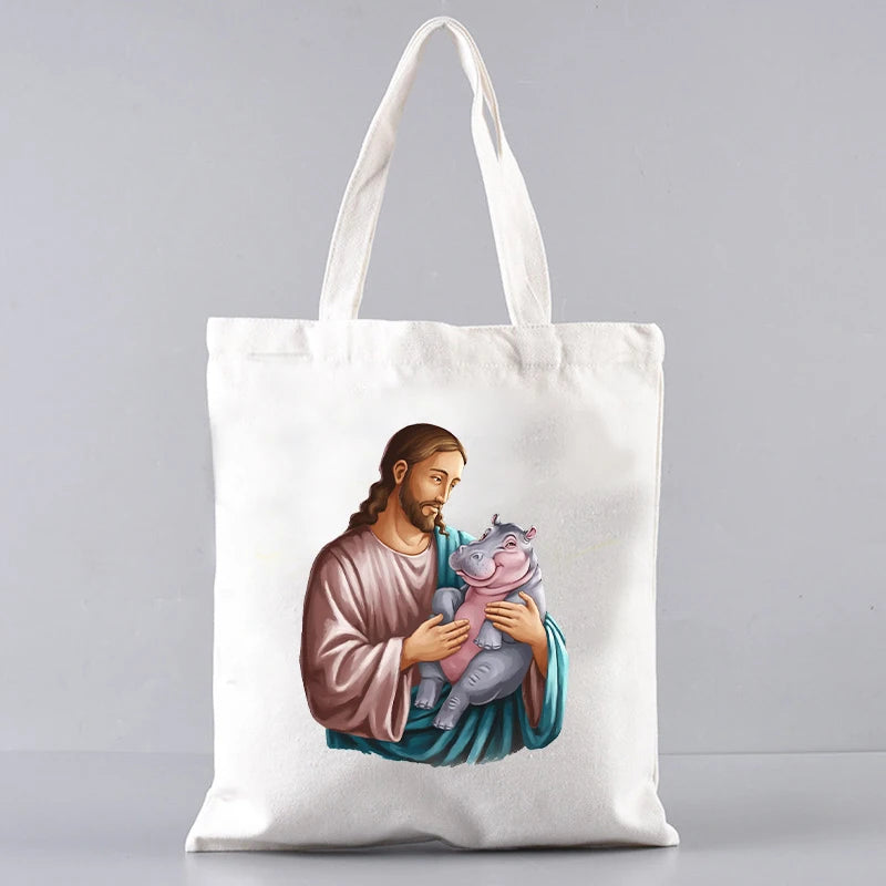 Jesus Love Moo Deng Pattern Canvas Tote Bag