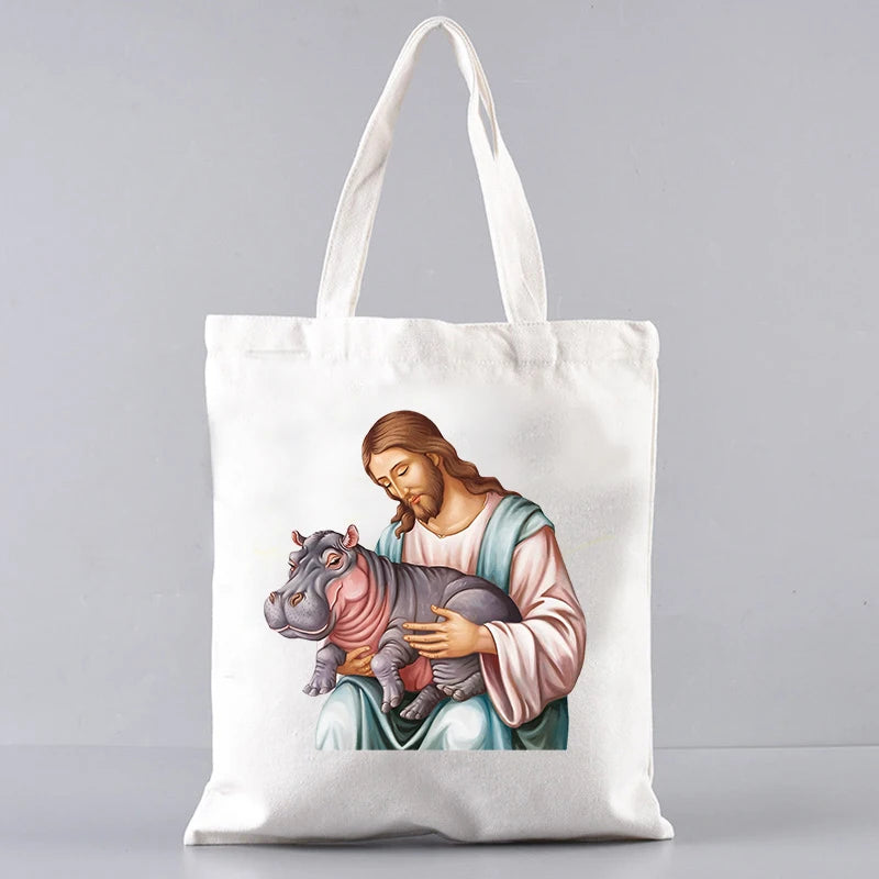 Jesus Love Moo Deng Pattern Canvas Tote Bag