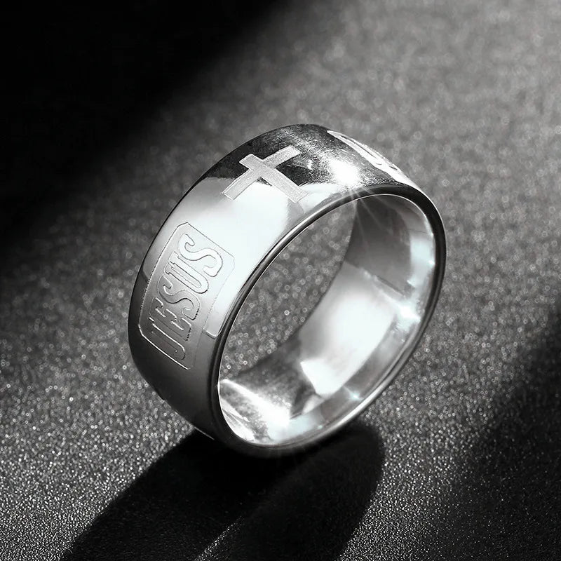 English Titanium Steel Christian Cross Bible Ring