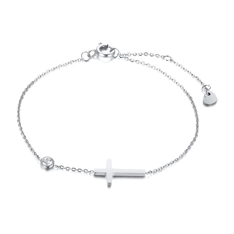 Birthstone Zirconia Thin Chain Link Cross Bracelet