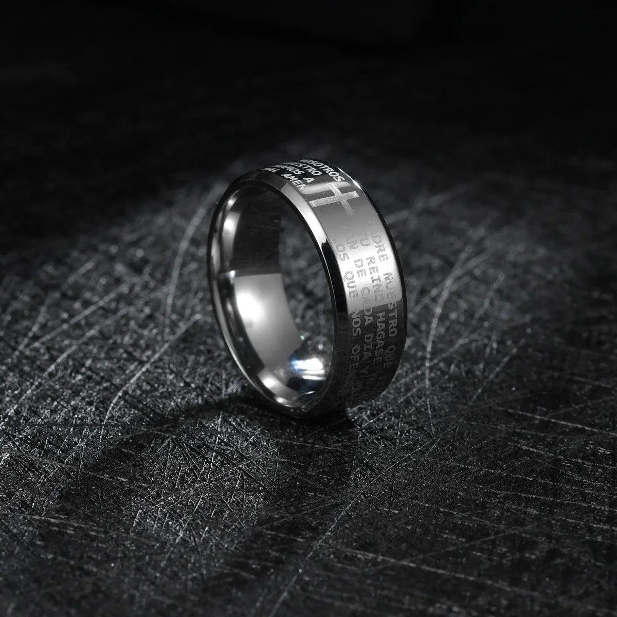 English Titanium Steel Christian Cross Bible Ring