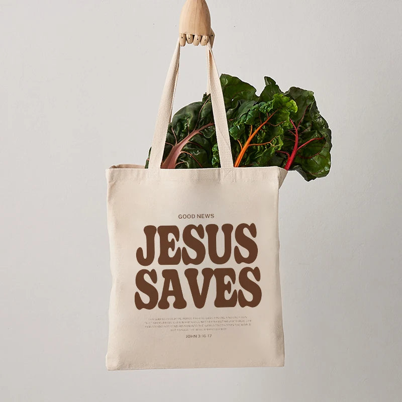 Jesus Saves Pattern Canvas Shoulder Tote Bag