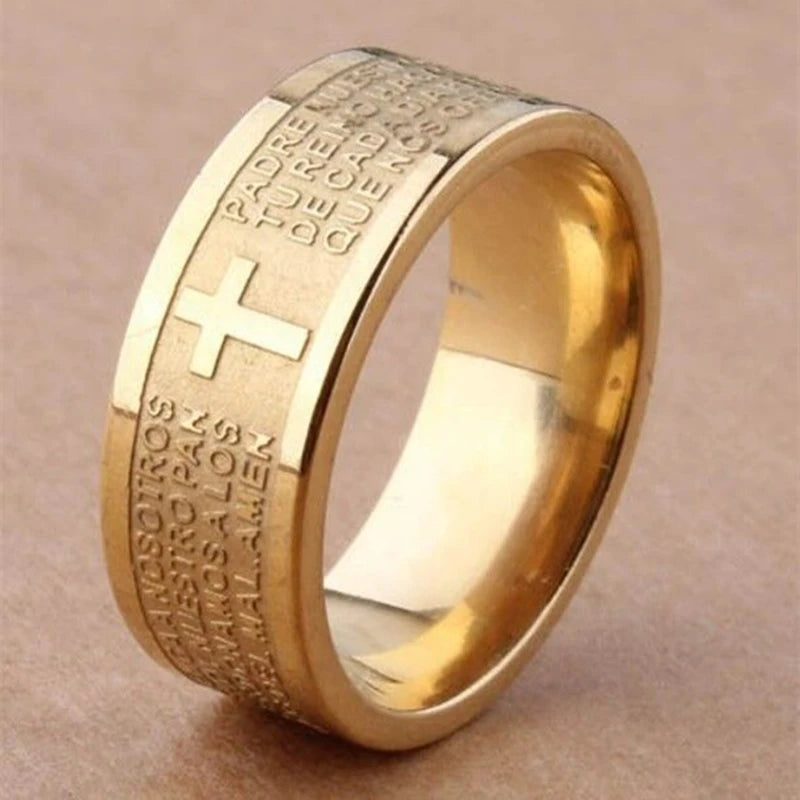 English Titanium Steel Christian Cross Bible Ring