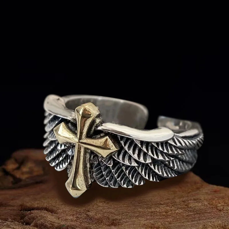 Retro Cross Feather Graffiti Ring