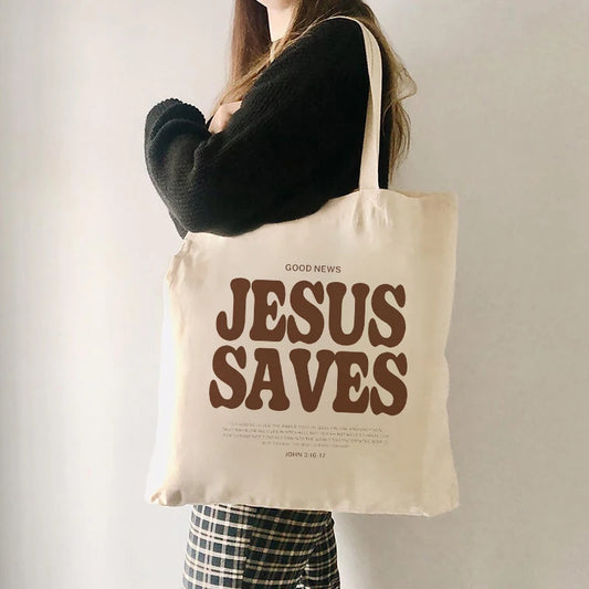 Jesus Saves Pattern Canvas Shoulder Tote Bag