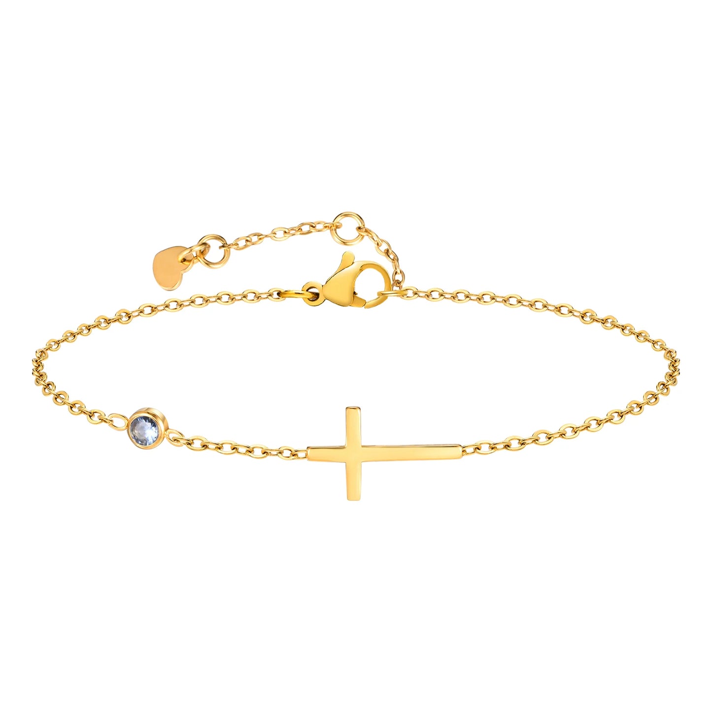 Birthstone Zirconia Thin Chain Link Cross Bracelet