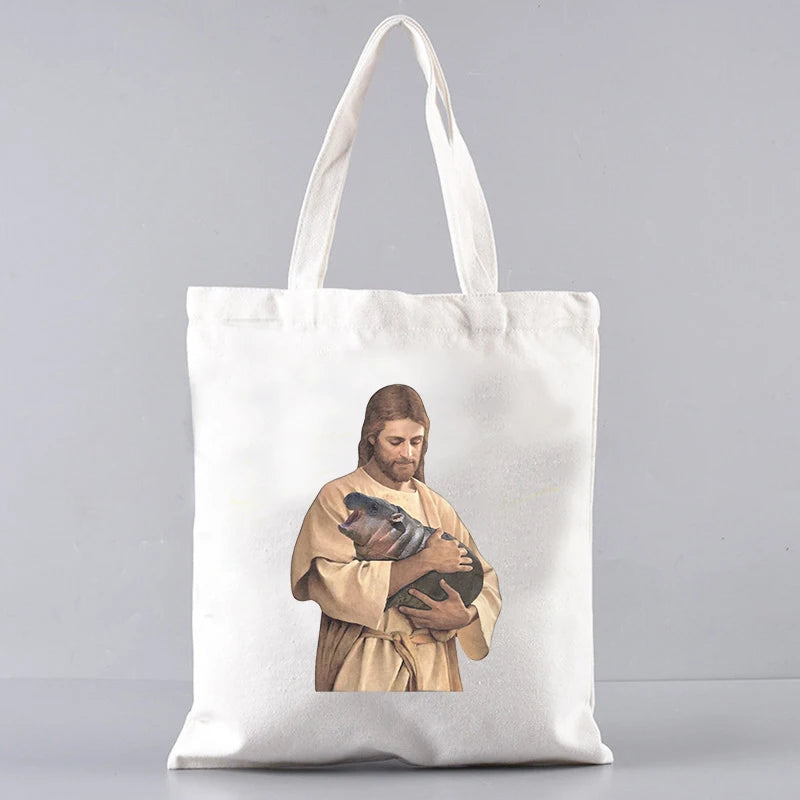 Jesus Love Moo Deng Pattern Canvas Tote Bag